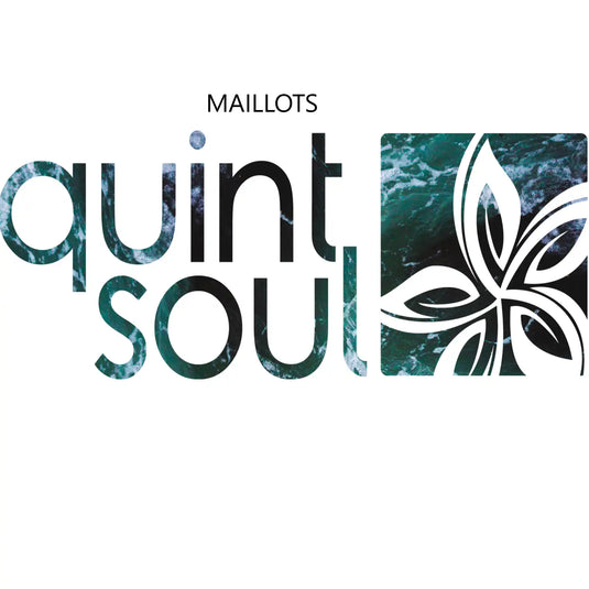Conception de logo présentant le texte « maillots quint soul » avec un emblème de fleur stylisé dans des tons de bleu-vert.